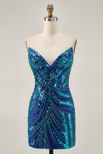 Sparkly Royal Blue Strapless Sequins Short Tight Homecoming Dress with Beading
